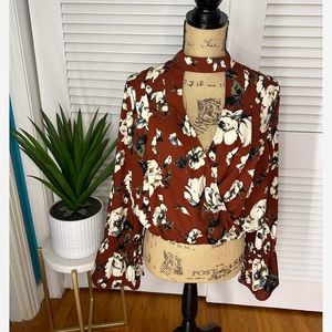 Altar’d State Brown Floral Boho Bell Sleeve Cut-out Blouse Top Size L
